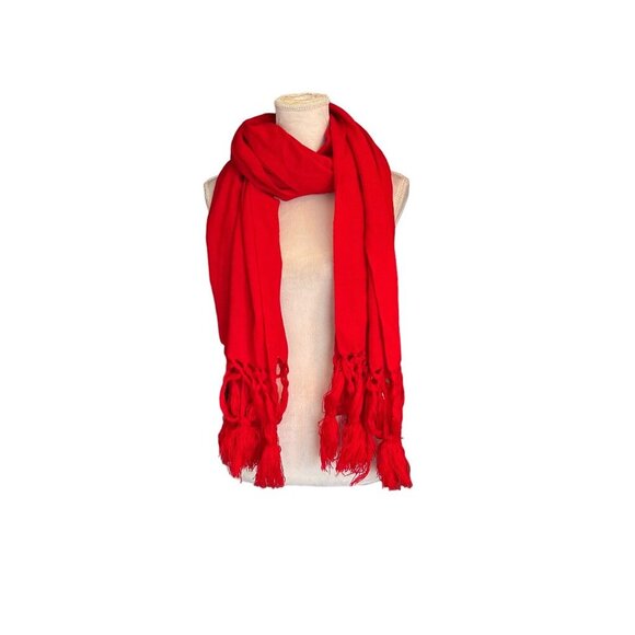 Red Tassel-Trimmed Scarf/Shawl - Cozy Winter Accessory For Women Soft & Stylish - Picture 2 of 11